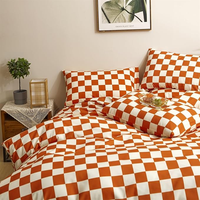 CLOTHKNOW Rust Beige Plaid Twin/Twin XL Comforter Set 3Pcs Grid Bedding Comforter Sets Soft All Season Checker Comforter with 2 x Pillow Cases