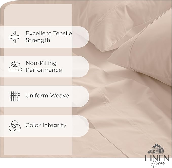 Linen Home 100% Cotton Percale Sheets Queen Size, Sand Shell, Deep Pocket, 4 Pieces Set - 1 Flat, 1 Deep Pocket Fitted Sheet and 2 Pillowcases, Crisp Cool and Strong Bed Linen