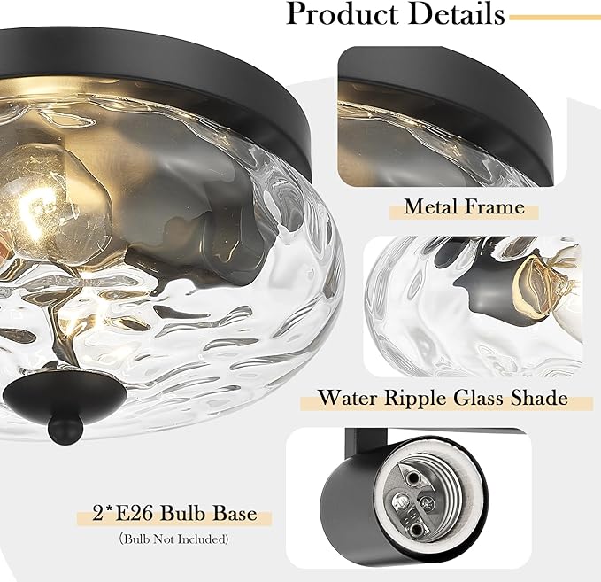 Darkaway Ceiling Light Fixtures Flush Mount Indoor Outdoor Ceiling Light with Water Ripple Glass Shade for Hallway Kitchen Bedroom Porch Living Room Black Finish