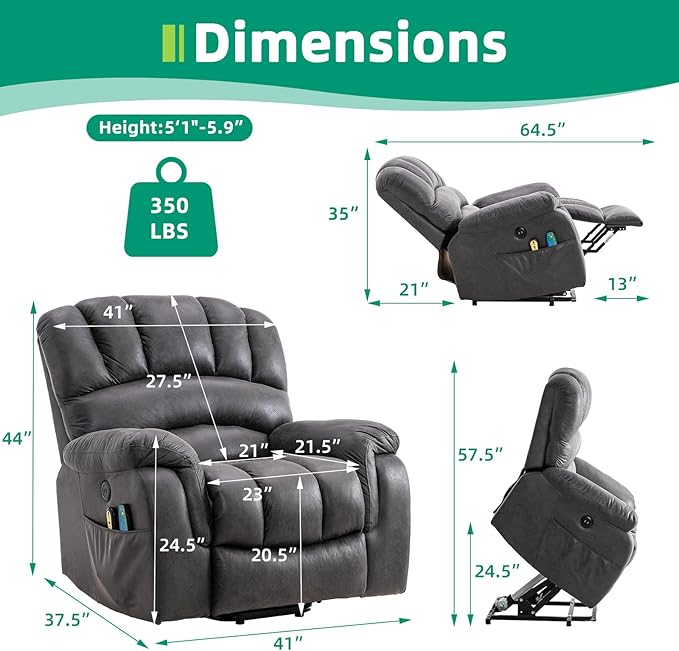 VIVIJASON Large Power Lift Chair Electric Recliner with Heat & Massage for Elderly Big People, Heavy Duty and Safety Motion Wide Recliners with 2 Remote Controls, Side Pockets & USB Ports, Gray