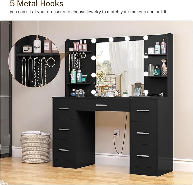 Large Makeup Vanity, 42.1" Vanity Desk with Mirror and Lights, Makeup Vanity Table with 7 Drawers, 4 Shelves, 5 Jewel Hooks & Power Strip, Vanity Desk Set for Bedroom, White