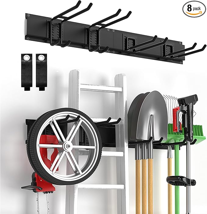 Garage Tool Organizer Wall Mount, Yard Garden Tool Organizer, Adjustable Tool Storage Rack with 4 Heavy Duty Steel Hooks, Max Load 200lbs Garage Organization, Black