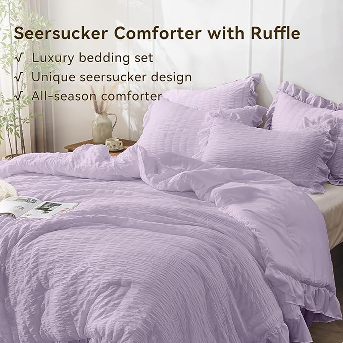 JOLLYVOGUE Lavender Comforter Full Size, 3 Pieces Seersucker Lightweight Full Size Bedding, All Season Fluffy Microfiber Bedding Comforter Set with 1 Ruffle Comforter and 2 Ruffle Pillowshams