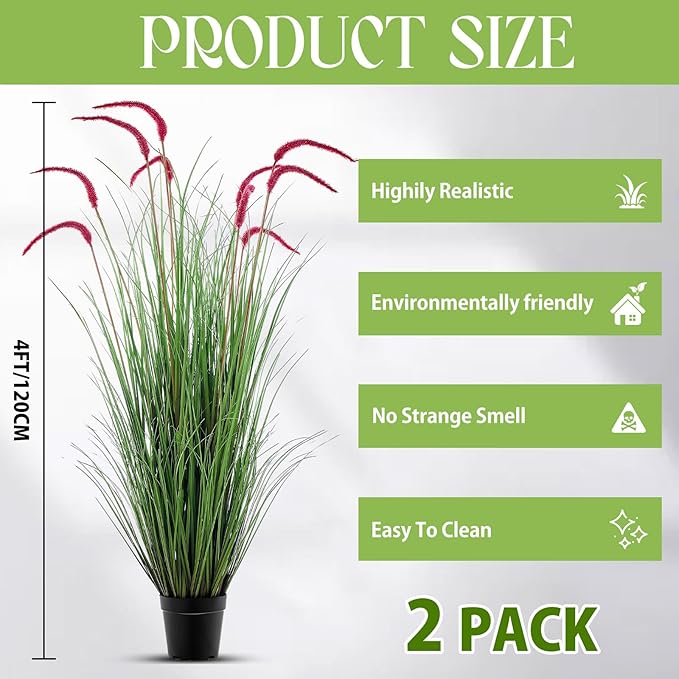 Jexine 4 Pieces Faux Plants Outdoor 4 ft Tall Artificial Grass Plant Potted Artificial Setaria Grass Faux Greenery Floor Plants for Housewarming Gift House Garden Lobby Outdoor (Purple)