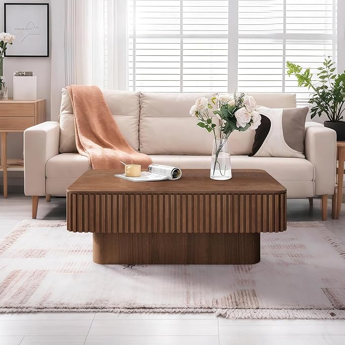 Lift Top Coffee Table for Living Room, Accent Fluted Coffee Table with Storage, Modern Solid Wood Veneered Rectangle Center Tea Table for Small Space Apartment (38.6''D×14''H-Walnut)