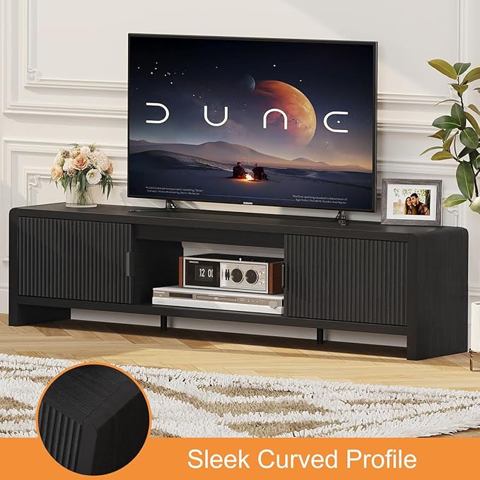 FATORRI TV Stand for 75/65/55 Inch TVs, Mid Century Modern Entertainment Center with Storage, Wooden Television Media Console Cabinet with Fluted-Door for Living Room, Bedroom (63 Inch W, Black)