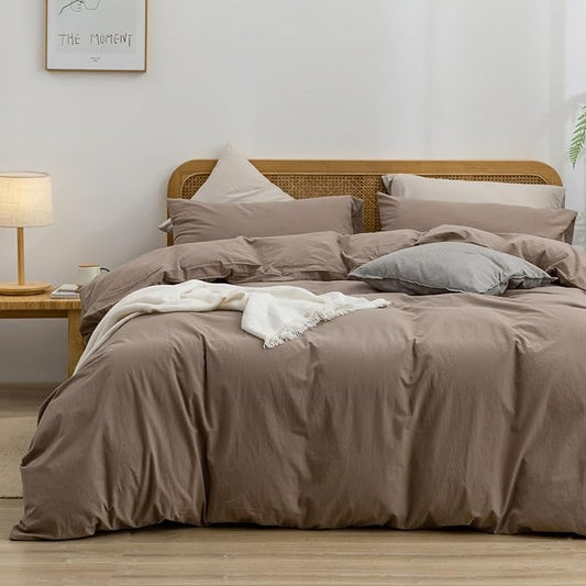 BESTOUCH Duvet Cover Set 100% Washed Cotton Linen Feel Super Soft Comfortable Chic Lightweight 3 PCs Home Bedding Set Solid Pine Bark Brown Oversized Full