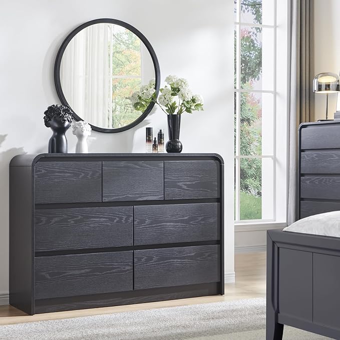 Modern 7 Drawers Dresser for Bedroom, 47" Wide Wood Dressers & Chests of Drawers w/Curved Profile Design, Mid Century Modern Dresser w/Natural Texture for Bedroom, Living Room, Black