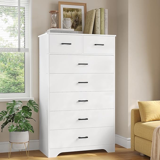 Hasuit Tall Dresser for Bedroom, White Large Chest of Drawers, 55.6'' High Dressers with 7 Drawers, Modern Wooden Vertical Storage Clothes Closet Organizer