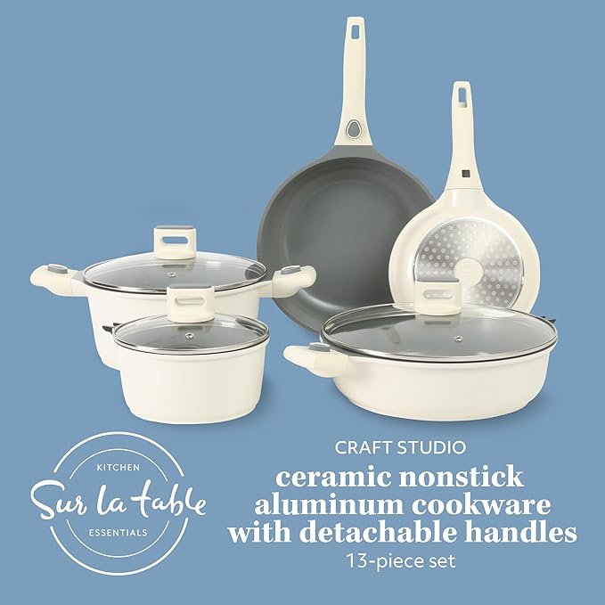 Sur La Table Kitchen Essentials 13 Piece Detachable Handle Pots and Pans Premium PFA Free Premium Ceramic Non Stick Induction Safe and Secure Removable Handle Cookware Set - Eggshell White