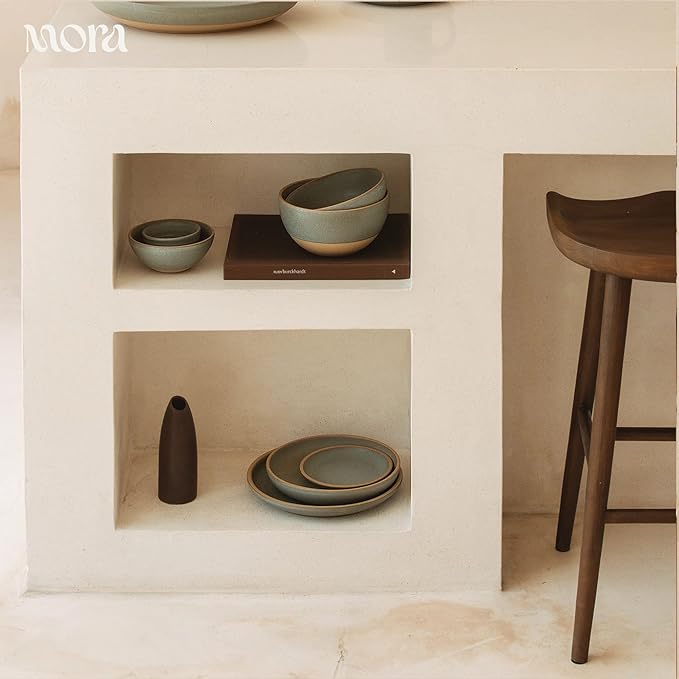 MORA Medium Dishes Set of 4, 30oz Ceramic Pottery Pasta Plate/Wide Bowls - Microwave, Oven and Dishwasher Safe - Peppercorn