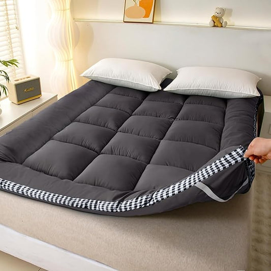 Thick Mattress Topper Twin Size - Non-Slip Mattress Pad Cover for Back Pain Breathable Folding Sleeping Pad Machine Washable Mattress Protector (39x75 inch,Black)