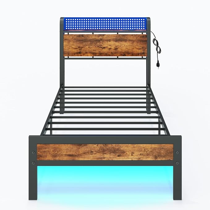 Furnulem Bed Frame Twin Size with LED Lights & Charging Station,Bedframe with Wood Storage Headboard,Metal Platform Bed with Under Storage,USB Port,Strong Metal Slats,No Box Spring Needed