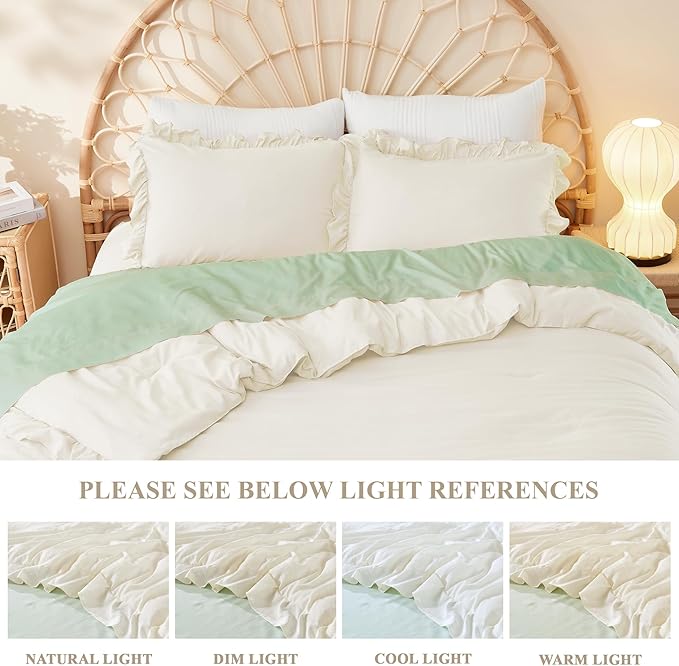 Litanika Full Comforter Set Ivory, 3 Pieces Beige Ruffle Farmhouse Aesthetic Bedding Comforter Set, Lightweight Fluffy Microfiber Bed Set (79x90In Comforter, 2 Pillowcases)