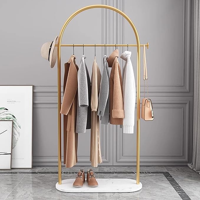 Gold clothing rack with Marble base. metal clothes racks for hanging clothes,heavy duty garment rack,Freestanding Coat Rack with 2 Hooks,for Bedroom, Bathroom, Living Room easy to assemble