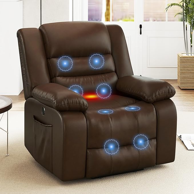 ANJ Power Lift Recliner Chair with Massage and Heat, PU Leather Overstuffed Electric Lift Chair for Elderly, Oversized Single Sofa Recliner with Side Pockets, Remote Control(Brown)