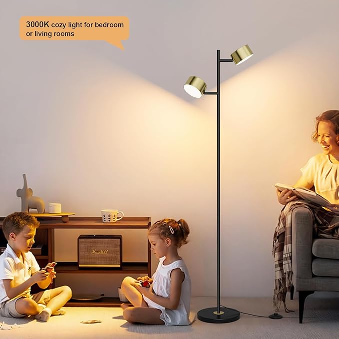 LED Floor Reading Lamp with 3 Color Temperatures, Adjustable Heads Standing Lamp for Living Room Bedroom Office, Minimalist Floor Lamp with Foot Switch, Black