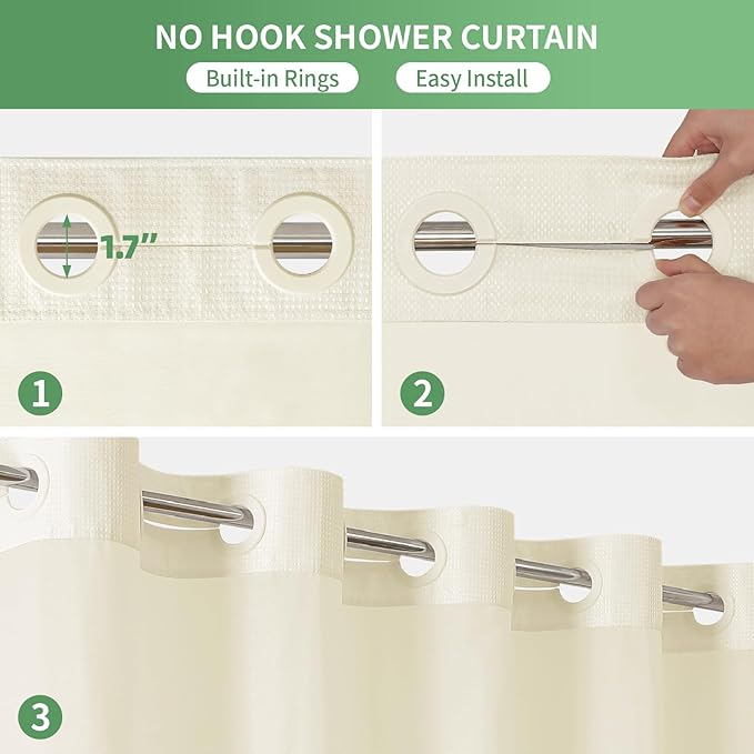Cream No Hook Shower Curtain with Snap-in Fabric Liner Set,Waffle Weave Shower Curtains for Bathroom,Hotel Luxury Decor Bathroom Curtain Set,Waterproof & Washable,71Wx74H