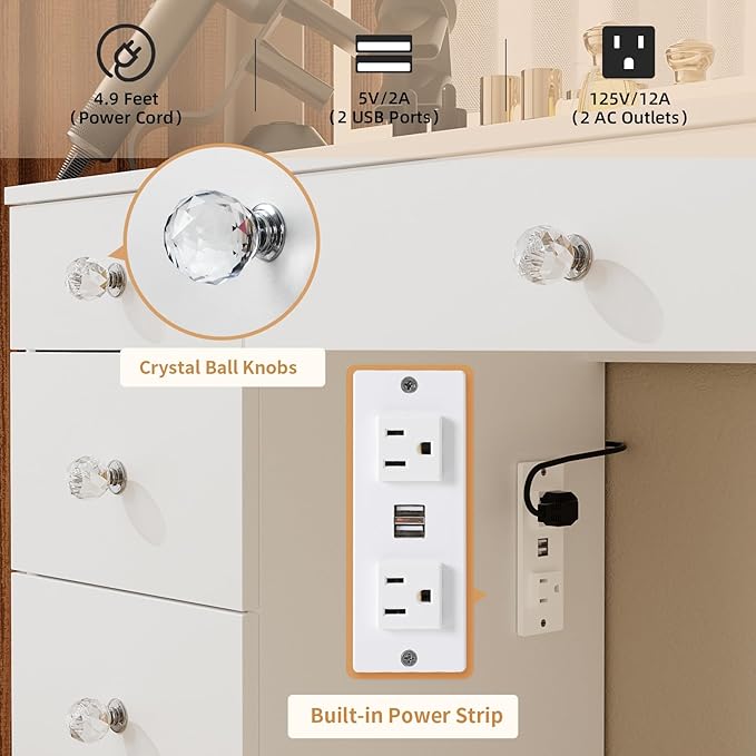 VOWNER Vanity with Lighted Mirror - 47" Glass Top Makeup Vanity Desk with 9 Drawers and Power Outlet, 3 Color Lighting Modes Adjustable Brightness, Makeup Desk with Cushioned Stool for Bedroom, White