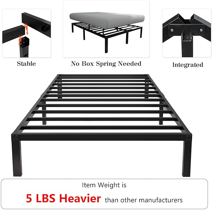 14 Inch Tall 3500lbs Heavy Duty Metal Bed Frame/with Storage/Mattress Foundation/Steel Slats Platform/Noise Free/No Box Spring Needed,Twin