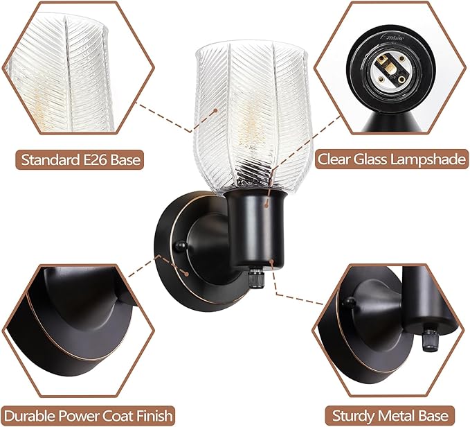 Wall Sconces Set of 2 - Matte Black Vanity Lights for Bathroom Modern Wall Light Fixtures with Rotary Switch - Wall Mount Light with Stripe Glass,Farmhouse Wall Lamp for Bedroom Mirror Living Room