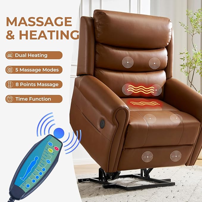 Power Lift Recliner Chair for Elderly with Adjustable Headrest, Oversized Lay Flat Recliner with Massage and Heat,28" Extra Wide Lift Chair for Big and Tall,Infinite Position,Extended Footrest, Camel