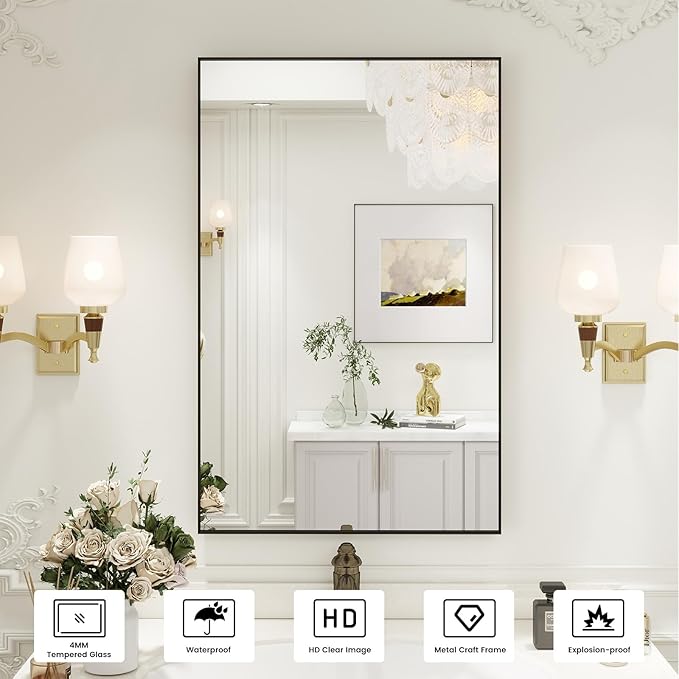 Black Bathroom Mirror, 20x28 inch Matte Black Vanity Mirror, Tempered Glass, Square Corner, Farmhouse, Entryway, Wall Mounted Rectangle Mirror(Vertical/Horizontal)