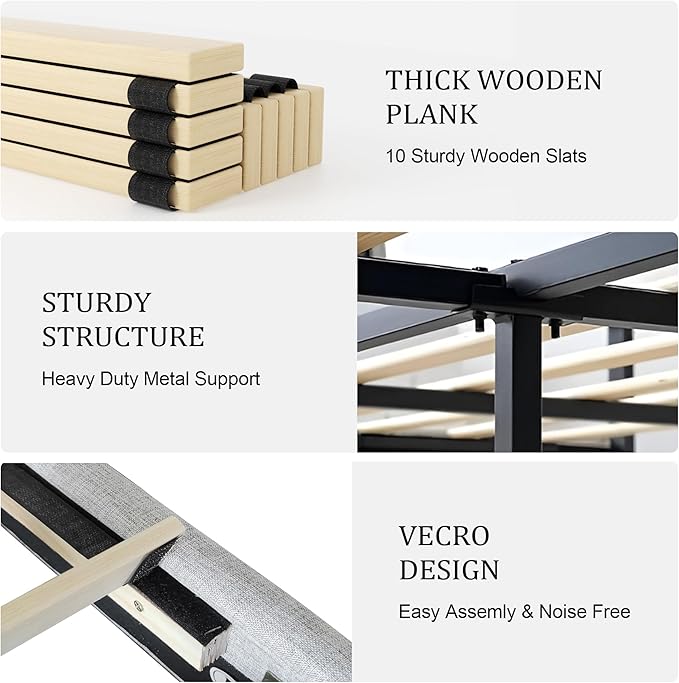 Queen Size Platform Bed Frame with Upholstered Headboard, Wooden Slats Support, Noise Free, No Box Spring Needed, Easy Assembly, Light Grey, Linen