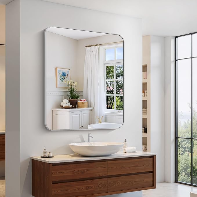 48x40 Inch Silver Bathroom Mirror, Large Rectangle Mirror, Metal Framed Rectangular Vanity Mirror, Rounded Corner Wall Mounted Mirror for Living Room Bedroom Entryway Horizontal or Vertical