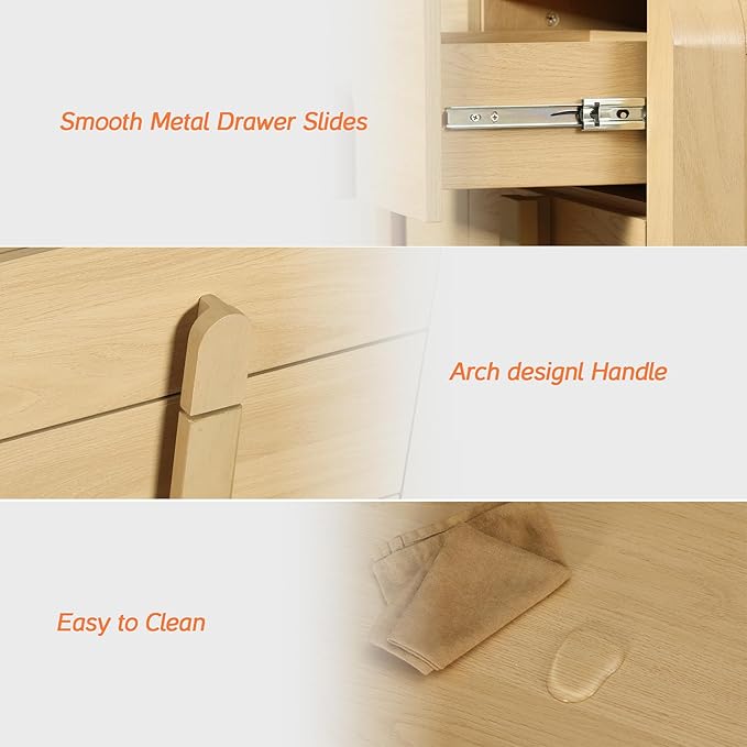 WAMPAT 5 Piece Dresser and Nightstand Sets for Bedroom, Modern 47.2" Wide 6 Drawer Chest & 3 Drawer Dresser Set of 2, and Nightstand Set of 2 with Charging Station,Oak