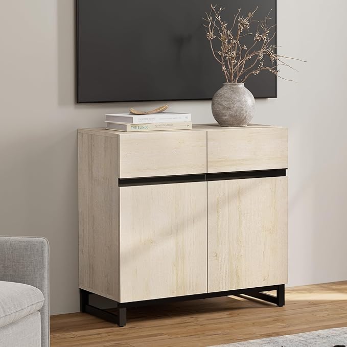 WAMPAT Modern TV Stand for 75-110 Inch TVs, Wooden Entertainment Center Console With Metal Base & Adjustable Shelves for Living Room, Bedroom, 31.5 Inch, Light Oak