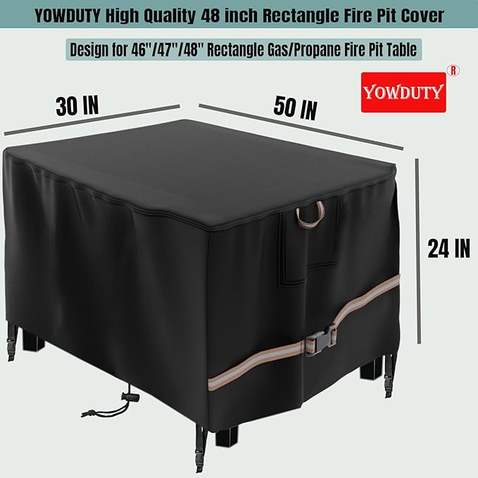 YOWDUTY Rectangular Propane Gas Fire Pit Table Cover 48x28x24 In, Waterproof Heavy Duty 600D Rectangle Outdoor Fireplace Cover 48 In, All-weather Protection For Patio Firepit Table 45-48 In
