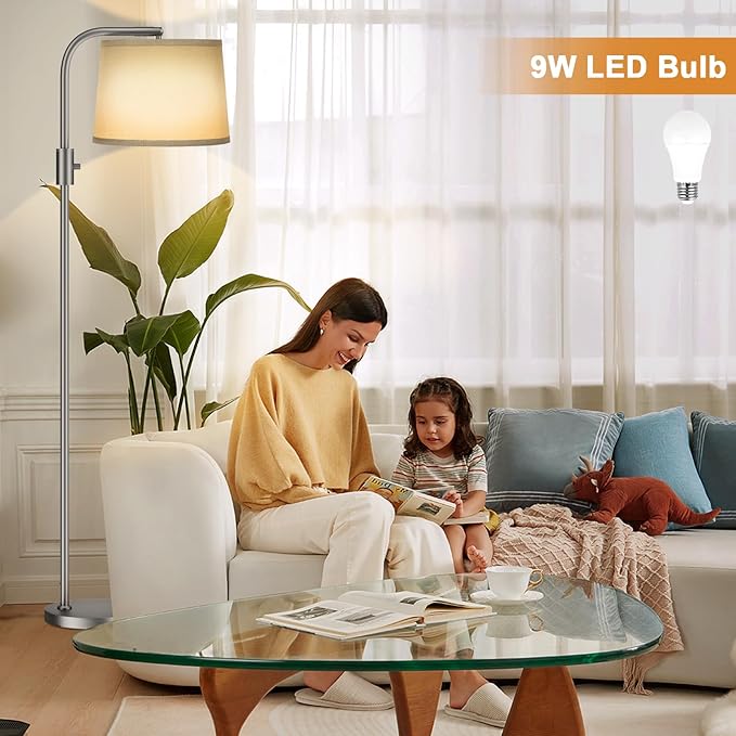 Ambimall Fully Dimmable Floor Lamp - Floor Lamps 9W LED Light Bulbs, Standing Lamps for Living Room with Adjust Head, Modern Standing Light Rotary Switch, Tall Lamp for Bedroom(Grey and Grey)