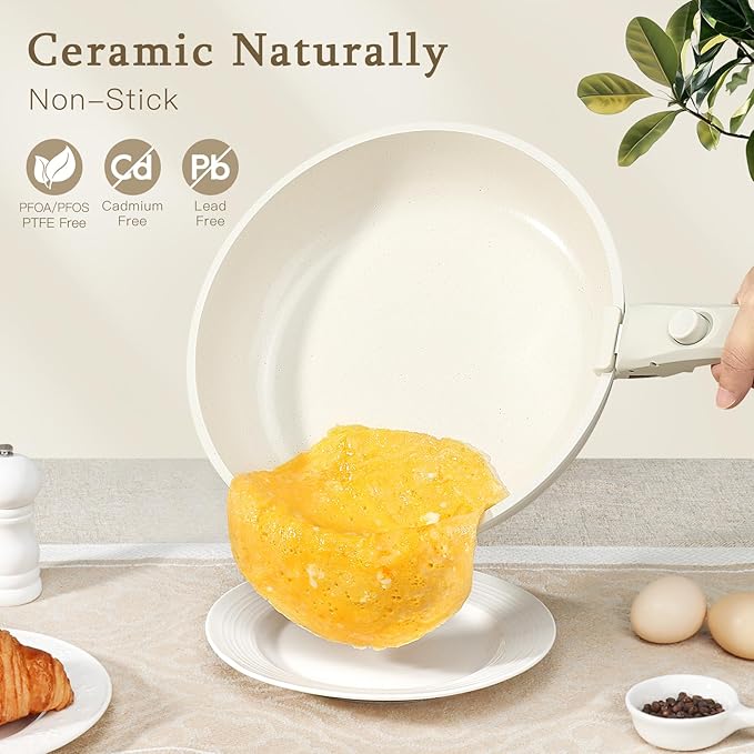 GiPP Ceramic Pots and Pans Set Non Stick, Nonstick Detachable Handle Cookware Sets, Healthy Non Toxic PFAS PFOA & PTFE Free, Dishwasher ＆Oven Safe, Induction Kitchen Pot and Pan, 21 Piece Cream