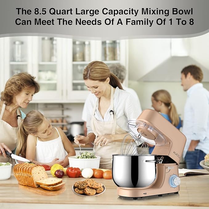 9.5 QT Double Handle KUCCU Stand Mixer, 6 Speed with Pulse Electric Kitchen Mixer, 660W Tilt-Head Food Mixer with Dishwasher-Safe Dough Hook, Flat Beater, Whisk, Splash Guard for home baking (Gold)