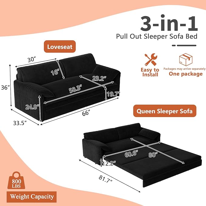 66-Inch Queen Size Convertible Sleeper Sofa Bed, 3-in-1 Pull-Out Futon Loveseat, Velvet Love Seat Couch with Side Pocket for Living Room, Office, Apartment, RV, Hide-A-Bed Fold Out Sofa&Couch