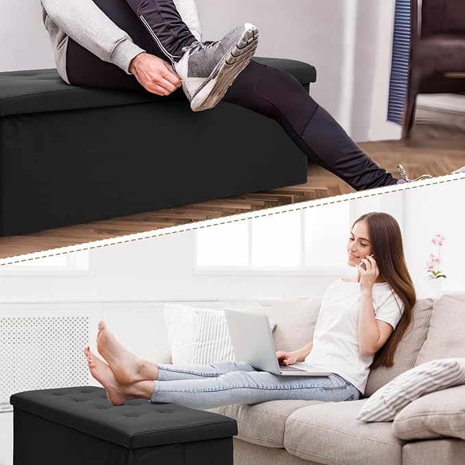 Athena Collection Leather Ottoman Bench with Storage, 43 Inches Large End of Bed Storage Ottoman Bench, 130L Load 220 Lbs Foot Rest for Bedroom, Living Room, Entyway, Black