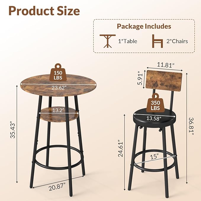 3 Pieces Round Bar Table Set, Small Dining Table for 2, Modern Kitchen Bar Table, Breakfast Table with Storage, 2 Thickened Cushion Stools with Backrest for Dining Room, Bistro-Brown