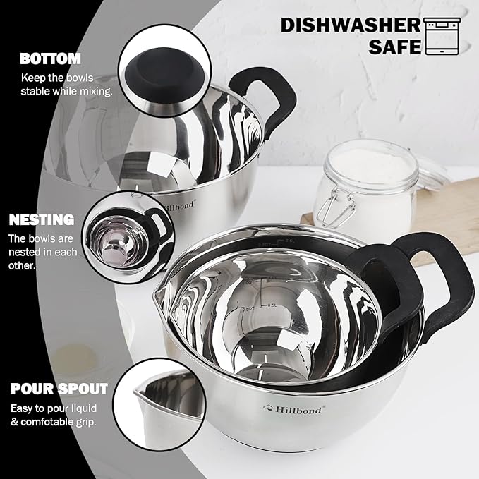Hillbond Stainless Steel Bowls with Lids Set Mixing Bowls with Pour Spout, Silicone Handle and Non-Slip Bottoms for Baking, Metal Bowls Mixing Dishwasher Safe, Set of 3 (Black)