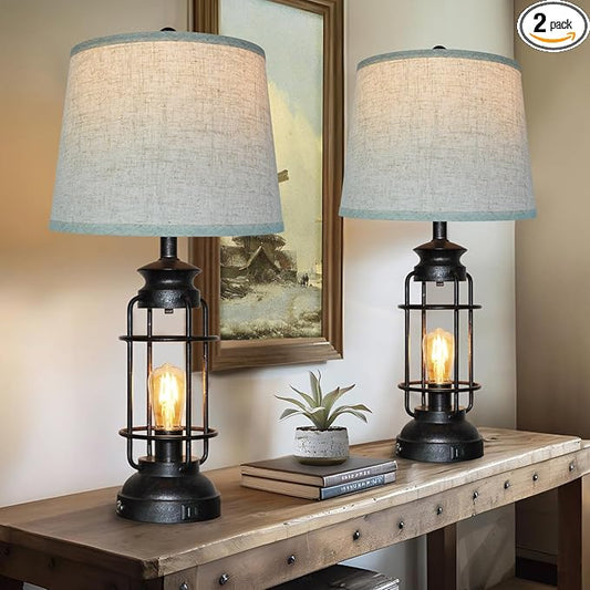 Table Lamps Set of 2 with USB Port 3 Way Dimmable Touch Lamps 28.5" Tall Rustic Industrial Living Room Lamps for Bedroom Bedside Office 4 Bulbs Included