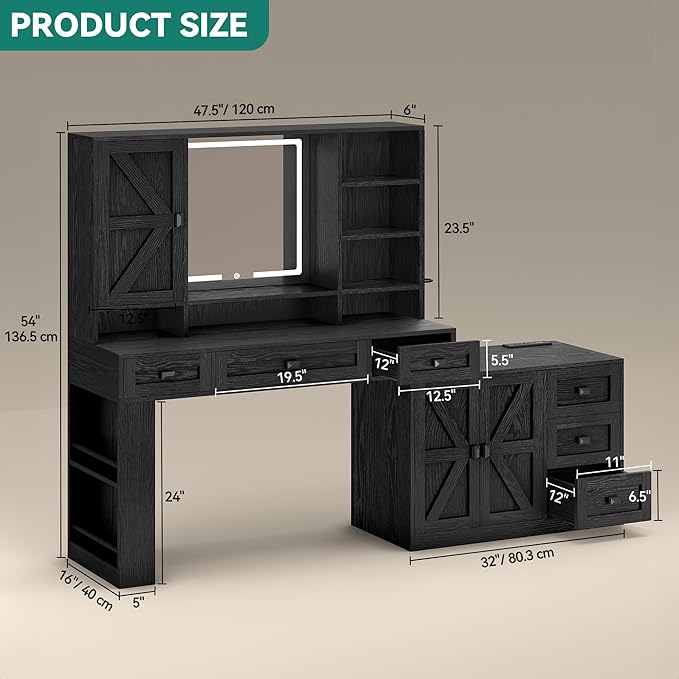 YITAHOME 48'' Farmhouse Makeup Vanity Desk with Mirror and Lights, 68'' 360° Rotation Big Modern Lighted Vanity Table with 6 Drawers & Lots Shelves, Rustic Large Dressing Table, Antique Black