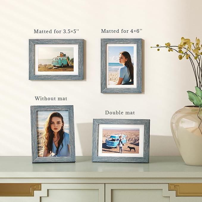Egofine 5x7 Picture Frame Made of Solid Wood,Covered by Plexiglass Display Pictures 3.5x5/4x6 with Mat or 5x7 Without Mat for Table Top Display and Wall Mounting Photo Frame, Rustic Blue