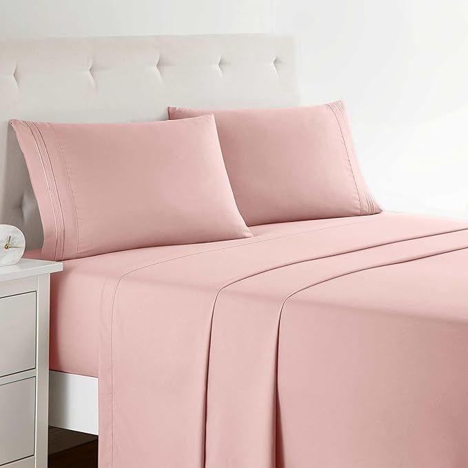 Clara Clark Bed Sheets, Premier 1800 Series Bed Sheet Set, Deep Pocket, Wrinkle, Fade, Stain Resistant, Luxury Soft Bedding Sheets & Pillowcases, Twin, Pink Beige