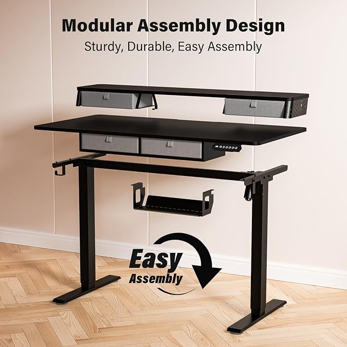 Electric Standing Desk with 4 Drawers 55''x 24'' Adjustable Height Sit to Stand Up Desk with Storage Shelf, C-Clamp Mount Compatible Black Home Office Desks Computer Gaming Table Ergonomic Workstation