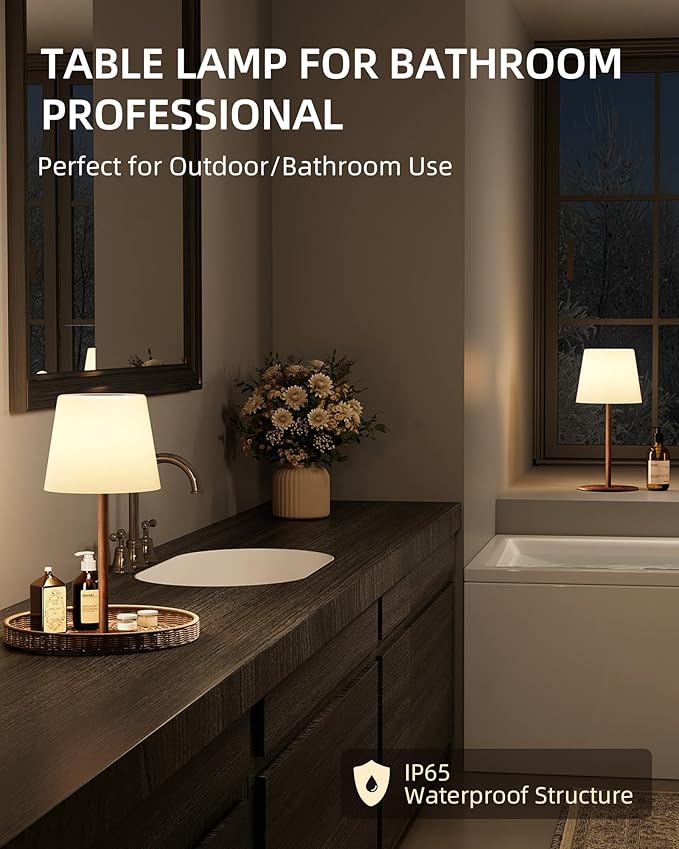 EZVALO 2 Pack Cordless Table Lamp IP65 Waterproof, Rechargeable Shower Lamp with 4500mAh Battery Operated, 3 Color Temps Dimmable LED Night Light for Living Room, Bathroom, Kitchen, Patio & Camping