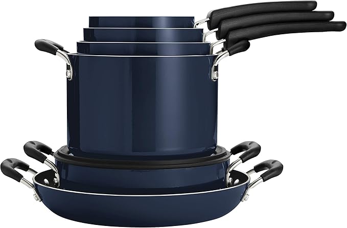 Tramontina Aluminum Non Stick 11-Piece Nesting Pots and Pans Set with Lids - Naval, Kitchen Nonstick Cookware Set, Dishwasher and Oven Safe