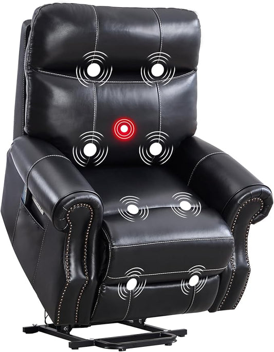 Phoenix Home Genuine Leather Power Lift Recliner Chair for Elderly with Massage and Heating, Electric Recliner for Seniors with Extended Footrest, Type-C and USB Port, Side Pocket, Black
