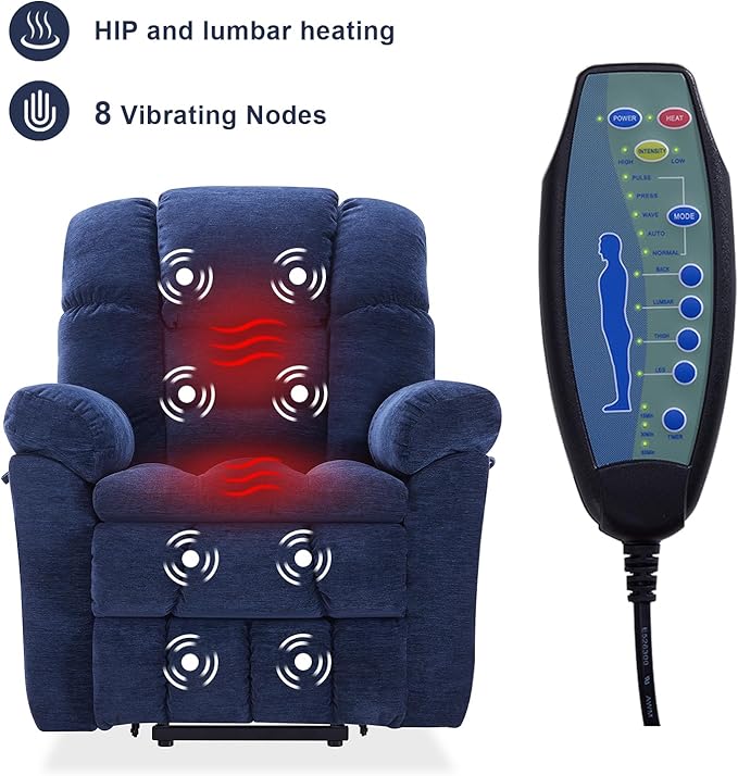 Triple Motor Power Lift Recliner Chair with Massage and Dual Heat for Elderly People, Zero Gravity Lay Flat Recliner Infinite Position, USB Ports（Navy Blue）