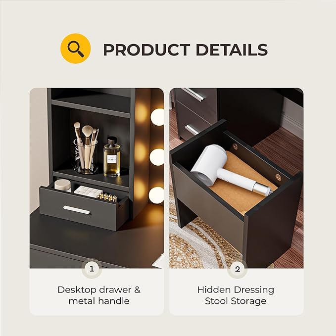 Vanity Desk with LED Lighted Mirror&Power Outlet, 3 Lighting Colors Makeup Vanity Desk with 5 Large Drawers and 3 Storage Shelves, Black Vanity Dresser with Storage Stool for Bedroom