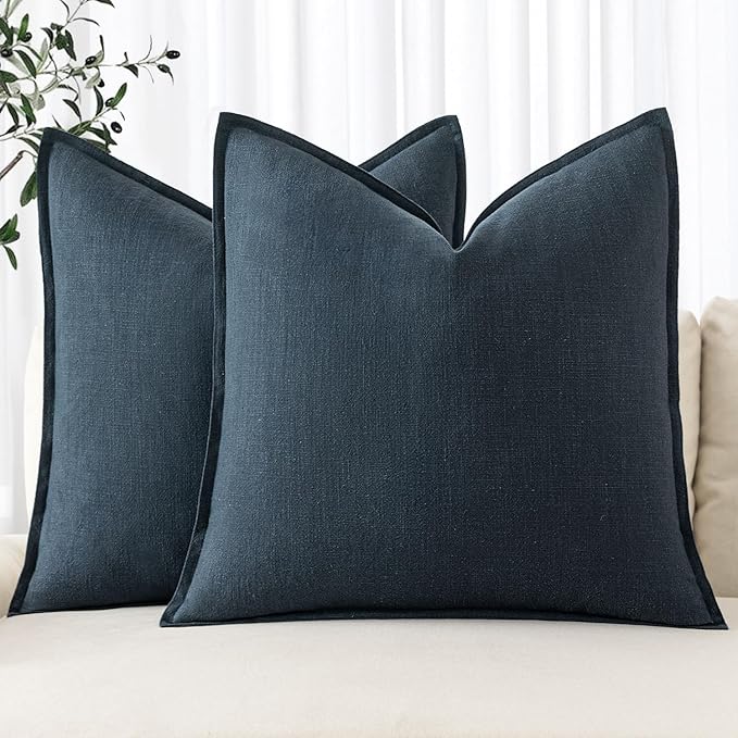 MIULEE Decorative Linen Pillow Covers 16x16 Inch Navy Blue Boho Farmhouse Neutral Couch Throw Pillows for Bed Pack of 2 Accent Coastal Modern Pillowcase Summer Sofa Livingroom Home Decor